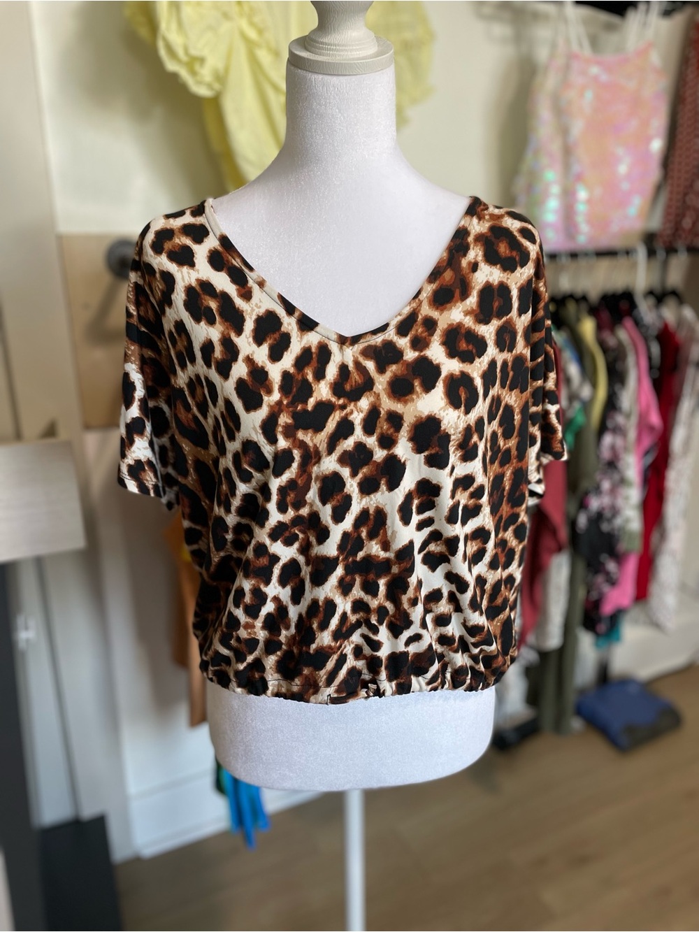 Leopard Print V-Neck Crop Top in Brown/Black